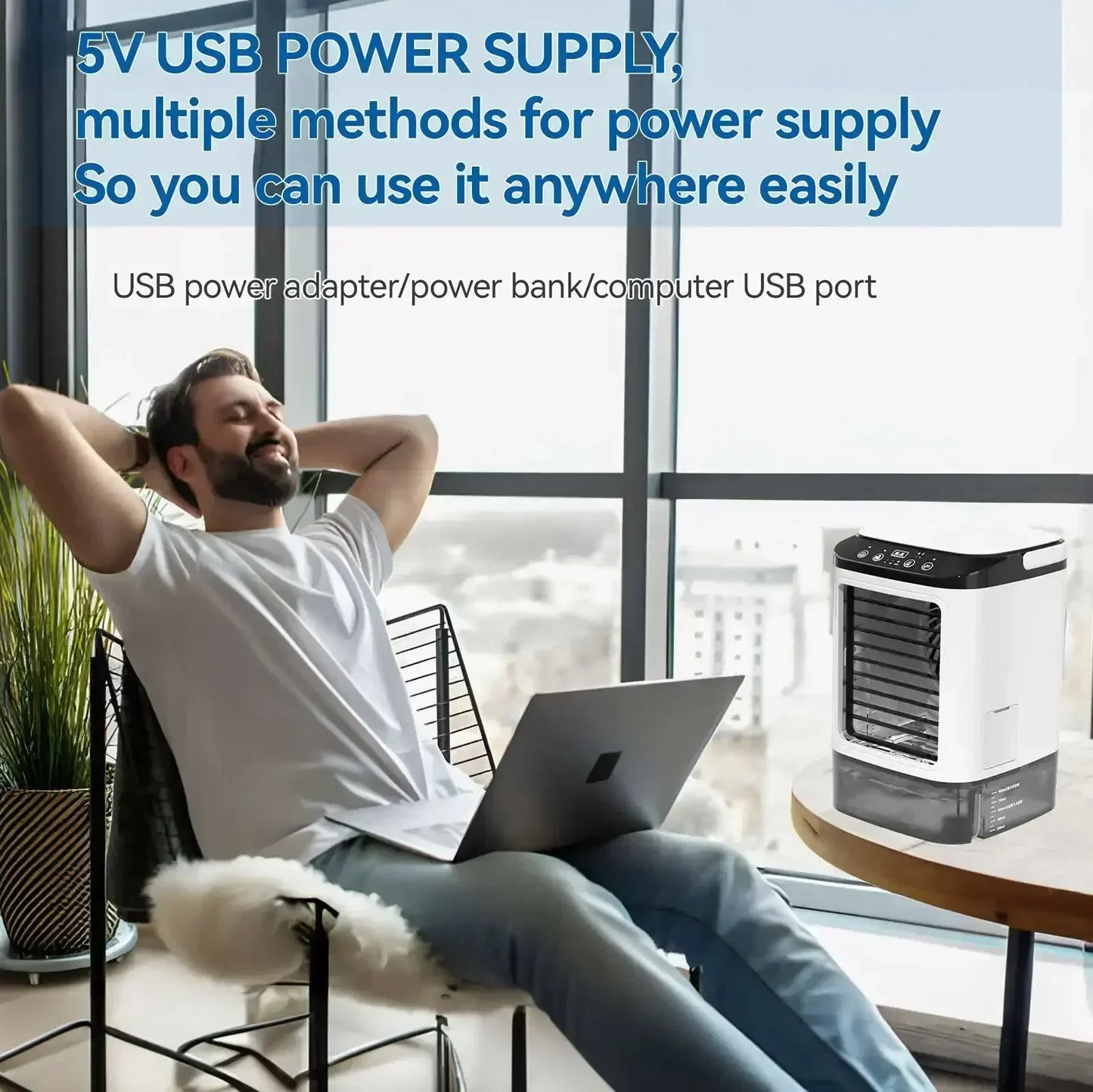 Portable Air Cooler 3-Speed Mini AC Unit 900ml Water Tank Humidifier Fan
