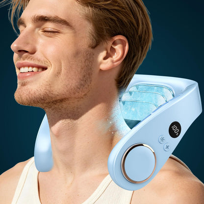 Neck Fan with Cooling Plate,5500mAh Rechargeable, Ultra Quiet Operation, 5 Speeds & 3 Cooling Modes, USB-C Fast Charging, LED Display Battery & Gear, Bladeless Fans that Blow Cold Air for Travel Blue