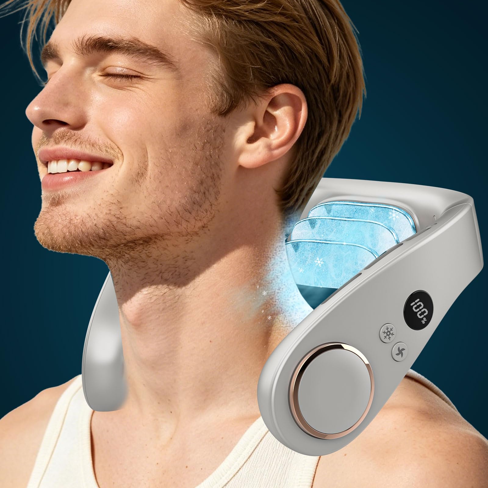 Neck Fan with Cooling Plate,5500mAh Rechargeable, Ultra Quiet Operation, 5 Speeds & 3 Cooling Modes, USB-C Fast Charging, LED Display Battery & Gear, Bladeless Fans that Blow Cold Air for Travel Blue