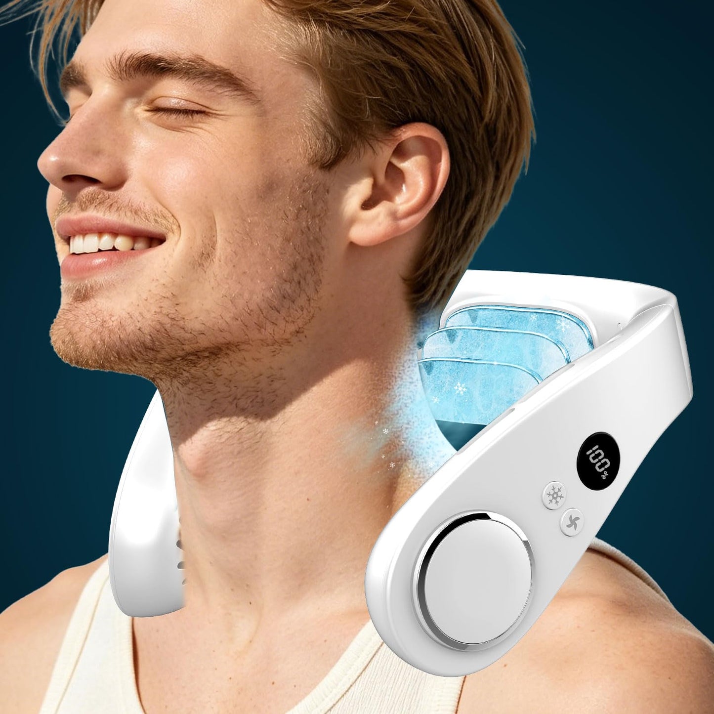 Neck Fan with Cooling Plate,5500mAh Rechargeable, Ultra Quiet Operation, 5 Speeds & 3 Cooling Modes, USB-C Fast Charging, LED Display Battery & Gear, Bladeless Fans that Blow Cold Air for Travel Blue