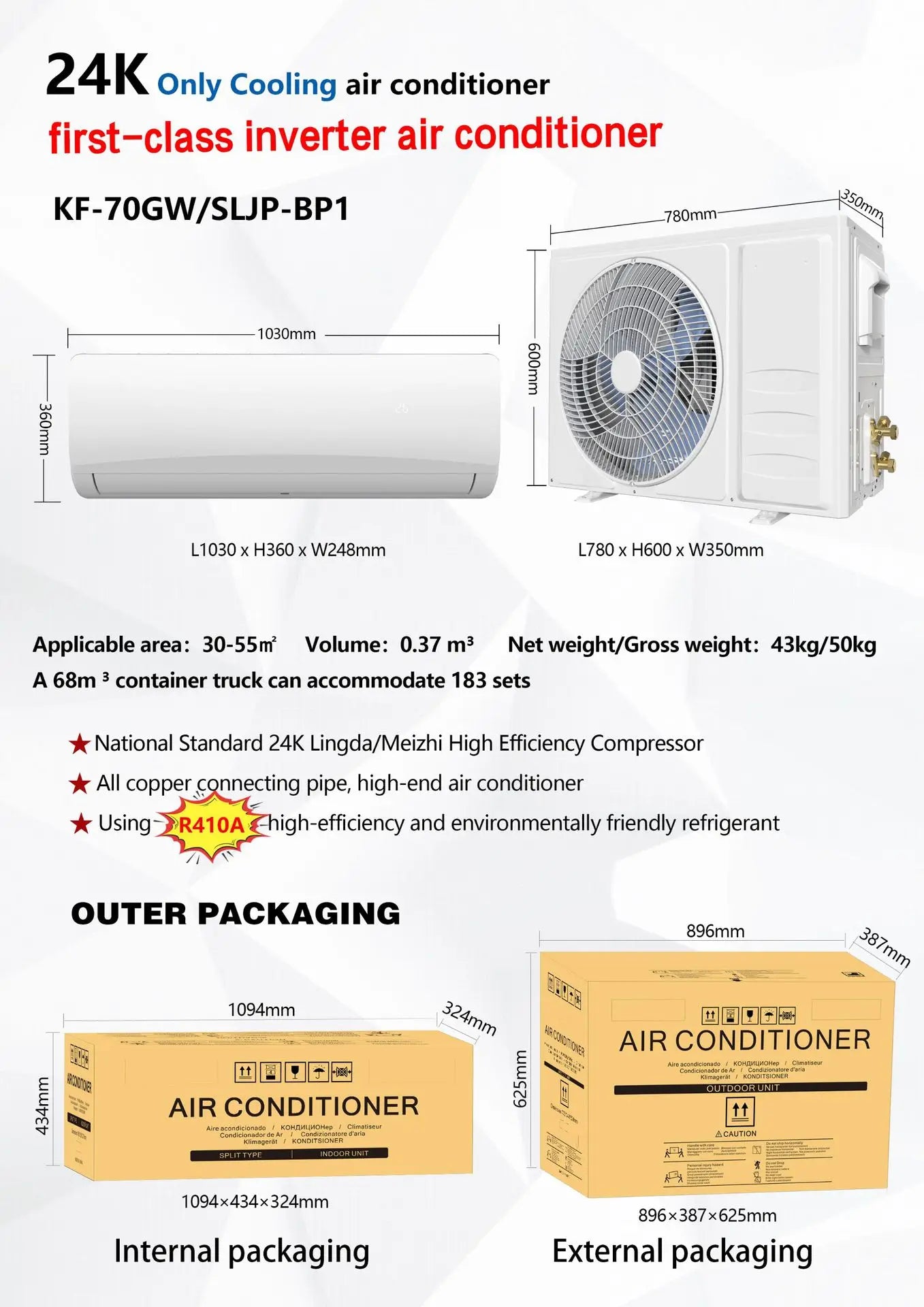 24000 BTU Inverter Split Air Conditioner Cooling Heating R410A Full Copper Pipe Energy Efficient Wall Mount AC 30-55 m²