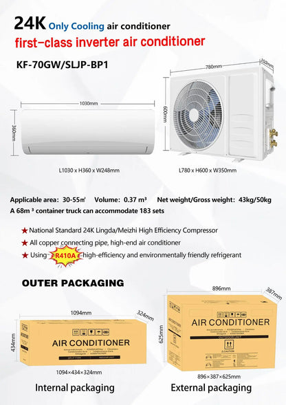 24000 BTU Inverter Split Air Conditioner Cooling Heating R410A Full Copper Pipe Energy Efficient Wall Mount AC 30-55 m²