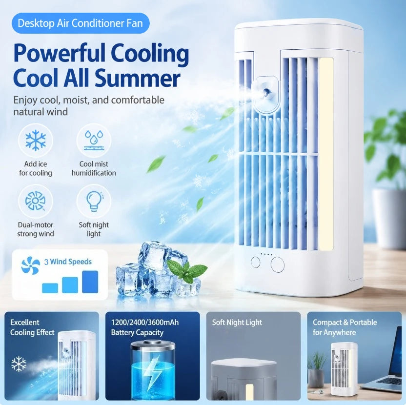 Desktop Air Cooler Fan 3-Speed Night Light USB Rechargeable 3600mAh