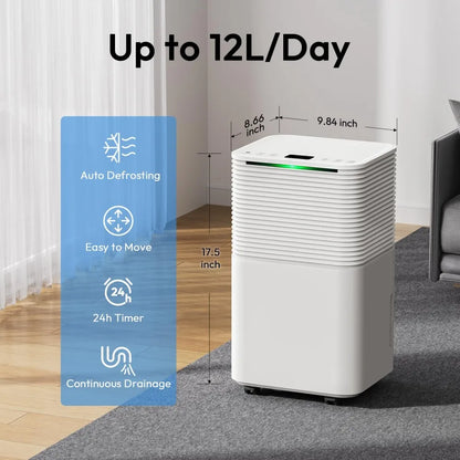 Portable Home Dehumidifier 12L 3 Modes Auto/Manual Drainage 24-Hour Timer Clothes Drying