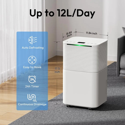 Portable Home Dehumidifier 12L 3 Modes Auto/Manual Drainage 24-Hour Timer Clothes Drying