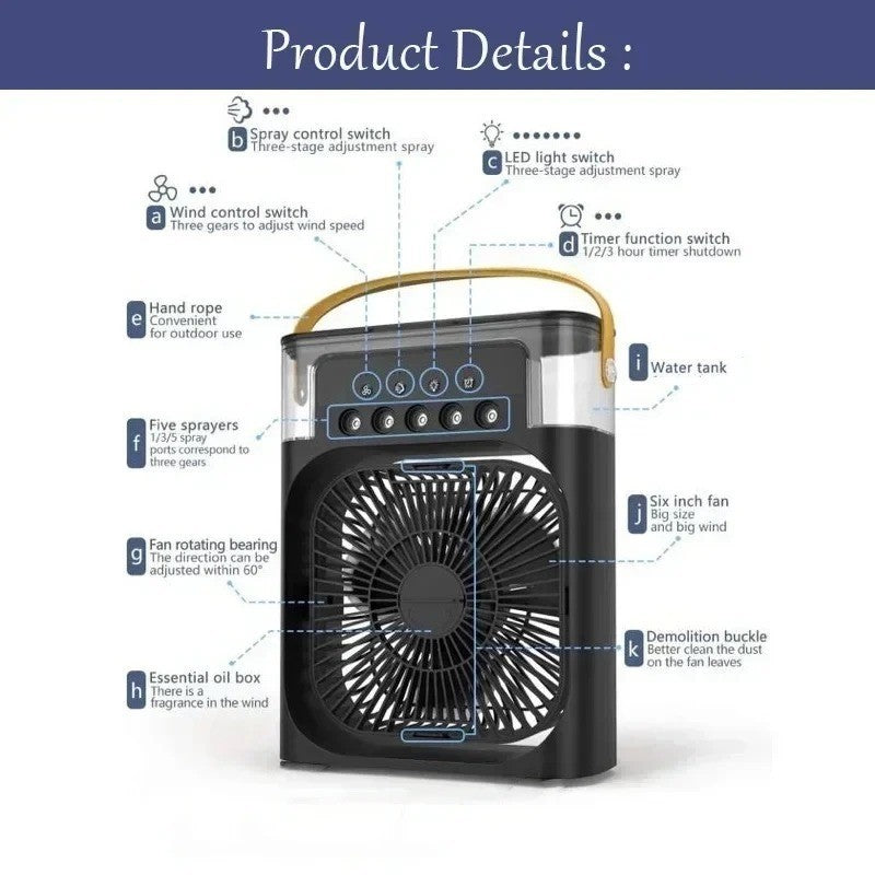 3 In 1 Portable Air Cooler Fan USB Humidifier LED Night Light Desk Fan